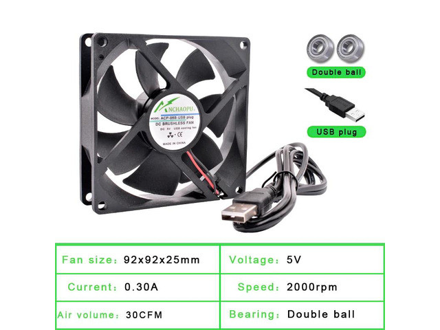 Two 92x92x25mm spherical DC5V USB interface silent cooling fans, suitable for DIY cooling routers, game consoles, TV boxes, and other power supplies.