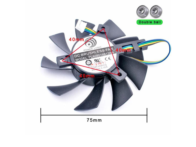 PLA08015B12HH graphics card cooling fan, 75mm diameter, 40mm hole spacing, DC12V 0.35A, 4-wire 4-pin, dual ball bearing.