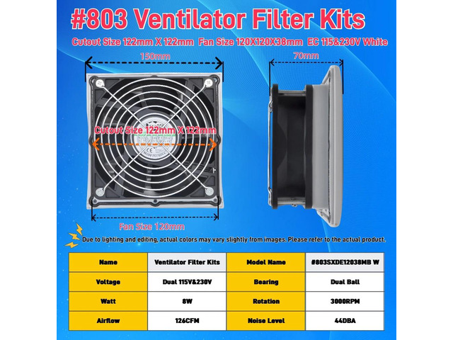 803 150*150mm Rack Ventilation Fan Filter Kit 120mm X 38mm (White EC 115V/230V) Cooling Fan Dustproof and Waterproof