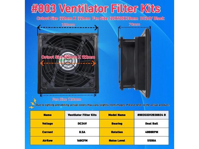 803 150*150mm Rack Ventilation Fan Filter Kit 120mm X 38mm (Black DC24V) Cooling Fan Dustproof and Waterproof