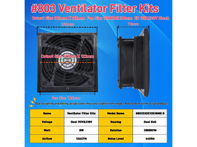 803 150*150mm Rack Ventilator Filter Kit 120mm X 38mm (Black EC 115V230V) Cooling Fan Dustproof and Waterproof