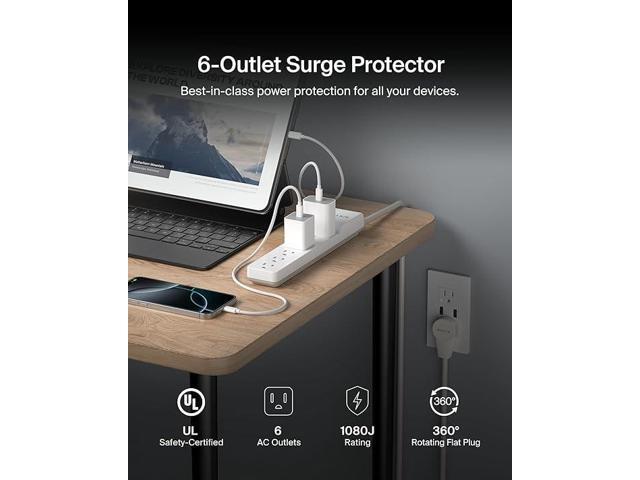 6-Outlet Surge Protector Power Strip, 6ft Cord, 360° Rotating Plug - 1080 Joules Protection
