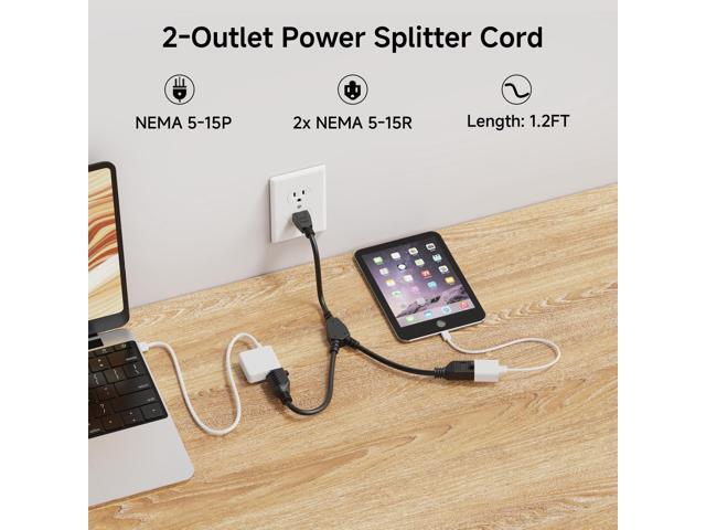 2-Pack 2 Outlet Power Splitter Cord - 1.2ft, NEMA 5-15P to NEMA 5-15R Y Power Cord Splitter, 16 AWG Outlet Saver, 1.2 Feet