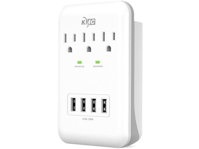 3-Outlet Wall Mount Surge Protector, 900 Joules, 4 USB 4.8 AMP USB Charging Ports, Phone Holder Cradle for Home, School or Office, ETL Certified