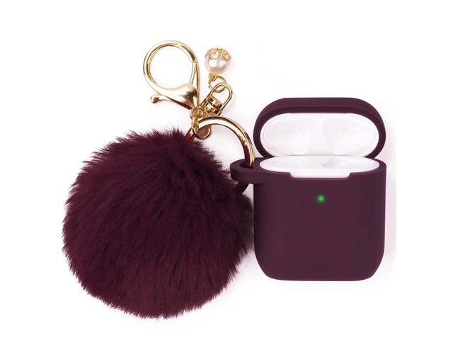 Compatible with Airpod 2 & 1 Case Cover, Cute Silicone Protective Accessories Cases/Keychain/Pompom, Best Gift for Girls and Women, Burgundy