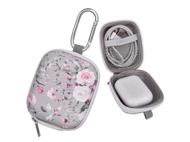 Earbud Case, Earphones Organizer Carrying Case Small Storage Bag Hard EVA Shockproof Cover with Carabiner Clip (Grey Pink Rose)