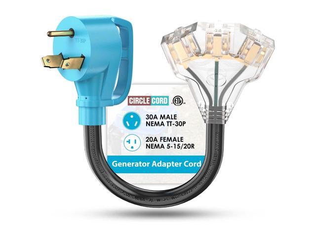 30 Amp to 110V RV/Generator Distribution Adapter Cord, NEMA TT-30P Male to 3X 5-15R/5-20R T-Blade Household Outlet Female with LED Power Indicator...