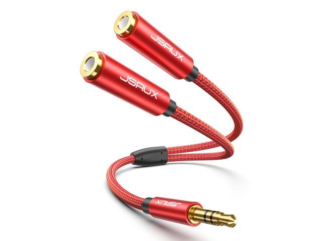 Audio Splitter 3.5mm Male TRS to 2 Dual 3.5mm Female Adapter Nylon-Braided [Red]