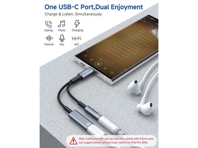USB C to 3.5mm Headphone Jack and Charger Adapter, 2 in 1 Hi-Res Audio & PD 60W Fast Charging Dongle, Type C to Aux Splitter Cable Cord