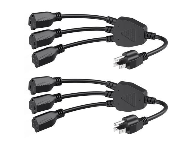 2-Pack 3 Outlet Power Splitter Cord - 1.5ft, NEMA 5-15P to 3X NEMA 5-15R, 16 AWG Outlet Saver, 3 Way Extension Cord Splitter