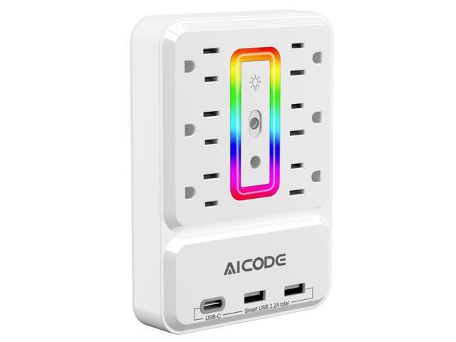 Outlet Extender with USB, Multi Outlet Surge Protector with Nightlight, 6 Outlet Wall Plug with USB (3 USB A and 1 USB C), Wall Mount Multiple Plug...