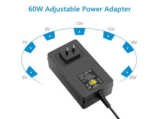 Universal Power Supply Adjustable 5V~20V 60W AC Adapter 5V 7V 9V 12V 15V 19V 20V Multi-Voltage AC Power Adapter 100V-240V AC to DC Converter with...