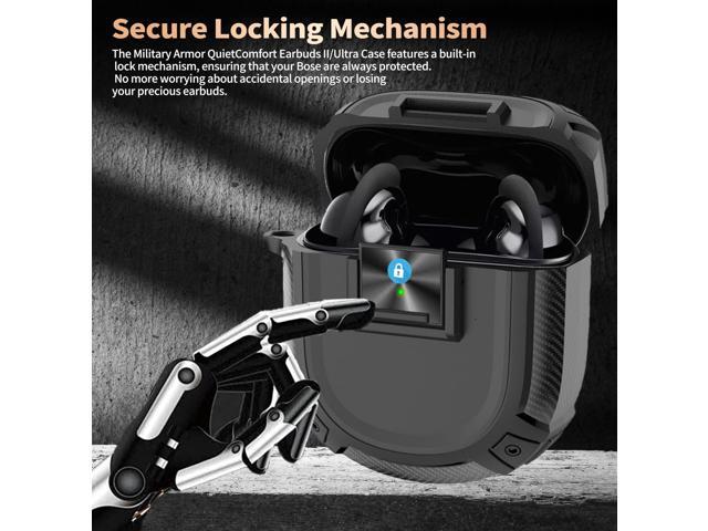 Case Cover with Lock Clip & Cleaner kit Pen, Rugged Shockproof Protective Hard Skin with Carabiner for Earbuds - Black