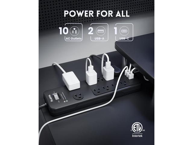 Surge Protector Power Strip 10FT with 10 Outlets - Spacious Design for Large Plugs, Flat Plug, 20W USB C Charging for Home, Office, ETL Listed, 2040J
