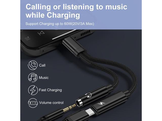 USB C to 3.5mm Headphone and Charger Adapter, 2 in 1 USB Type C to Aux Audio Jack Adapter with PD 60W Fast Charging Dongle Cable