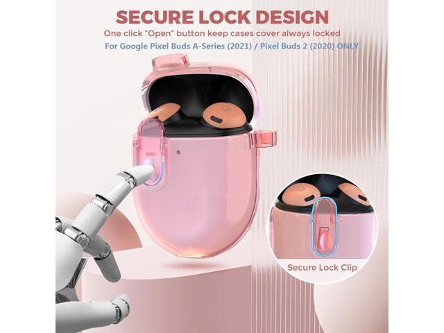 Lock Case for Pixel Bud A-Series / Pixel Buds 2 Clear Case with Cleaner Kit, Soft TPU Transparent Protective Cover with Carabiner, Pink