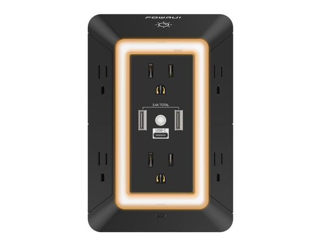 Outlet Extender Power Strip, 6 AC Surge Protector Outlets with 3 USB Ports (1 USB C) and Night Light, 3-Sided Multi Plug Wall Outlet with Spaced...
