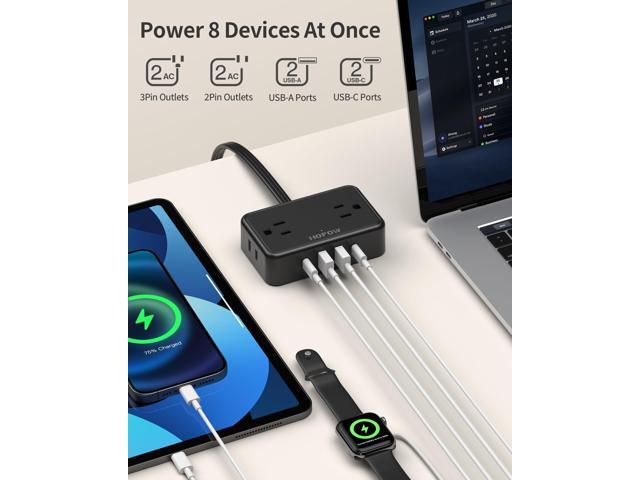 Flat Plug Extension Cord, 6 Ft Ultra Thin Power Strip, 4 AC Wide Spaced outlets and 4 USB (2 USB-C) Ports, No Surge Protector for Cruise Ship,...