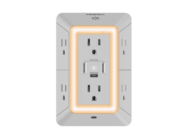 Power Strip Surge Protector - 6 AC Outlets With 3 USB Ports (1 USB C), Night Light, 3-Sided Multi Plug Wall Extender With Spaced Outlets - Grey,...