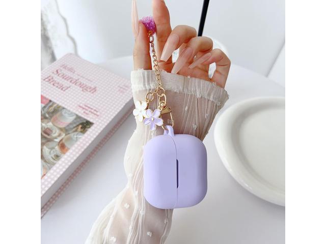 Cute Purple Case for Buds 3/3 Pro/3 FE Cover for Girl Women with Pom pom Flower Keychain & Cleaner Pen, Soft Silicone Protective Cover Skin