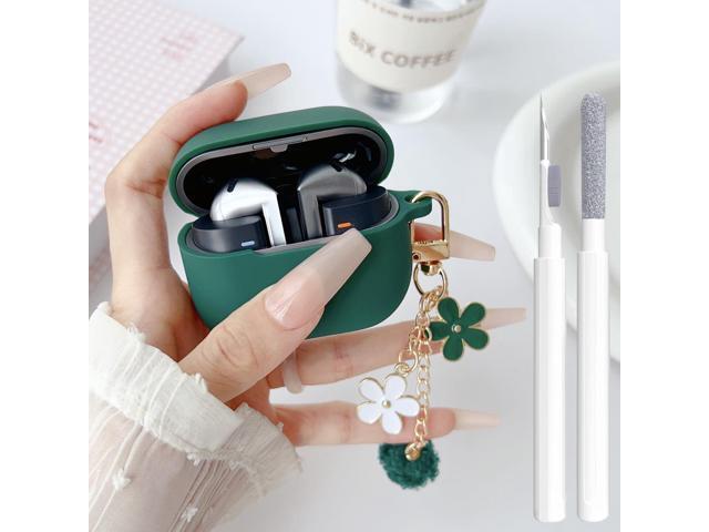 Cute Green Case Cover for Girl Women with Pom pom Flower Keychain & Cleaner Pen, Soft Silicone Protective Cover Skin