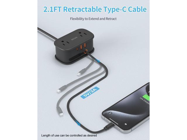 Travel Power Strip, 5ft Flat Plug Extension Cord with Retractable USB C Cable, Portable Power Strip Flat Plug 2 Outlets 3 USB Ports, Compact for...