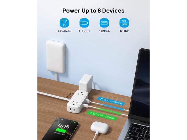 Flat Plug Power Strip with Outlet Cover - 10ft Flat Extension Cord Outlet Extender Concealer with 4 AC 4 USB Ports, Fit Standard Size Wall Plate...