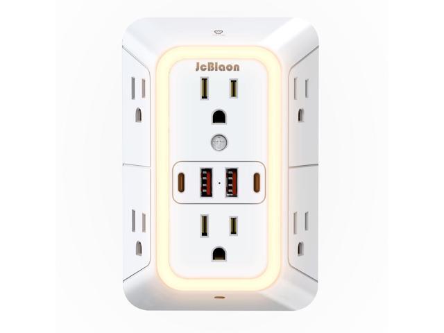 Wall Outlet Extender with Night Light, Power Plug Adapter 6 Outlet Extender with 4 USB Charging Ports 1050J Power Strip Multi Plug Adapter Spaced...