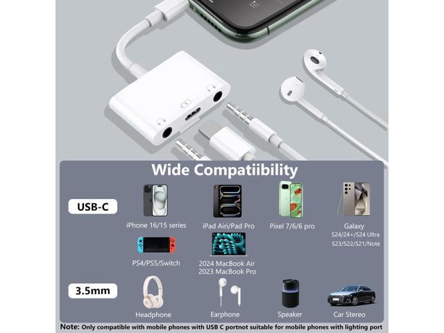 USB C to Dual 3.5mm Audio Headphone and Charger Adapter, 3 in 1 Aux to Type C Headphone Splitter Jack Dongle Cable Cord with PD Fast Charging