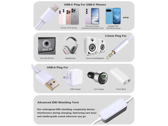 USB C Cable for Car, 2-in-1 Type-C to 3.5mm Male Audio Cord with USB Charge Plug for iPhone Air 17/16/15 Series, Galaxy S20-S25, Pixel, Noise-Free...