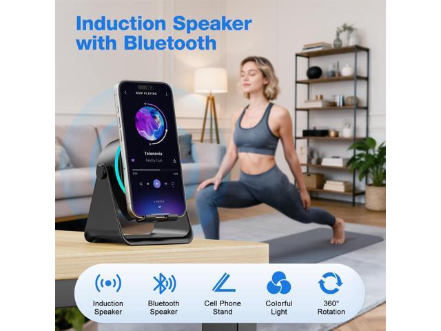 Wireless Induction Speaker, 5 in 1 Bluetooth Speaker, 360° Rotation Cell Phone Stand with Ambient Light Compatible with iPhone iPad Android Tablet,...