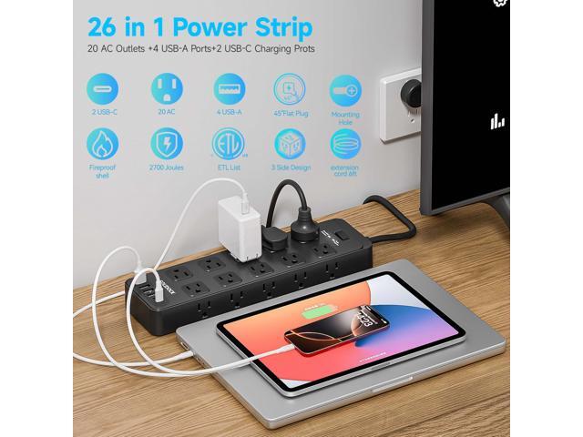 Flat Plug Power Strip Surge Protector with 20 AC Outlets 6 USB Ports, 1875W/15A, 2700 Joules, 6 Ft Heavy Duty Extension Cord with Multiple Outlets...