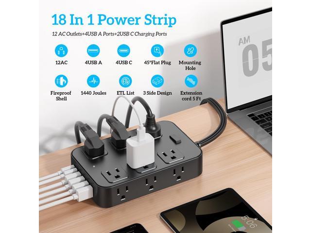 Flat Plug Power Strip Surge Protector 5 Ft Extension Cord with 12 AC Outlets 6 USB Ports 3 Side Multi Plug Outlet Extender Home Office Kitchen Dorm...