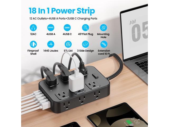 Power Strip Surge Protector with 12 AC Outlets 6 USB Ports 3 Side Multi Plug Outlet Extender 10 Ft Extension Cord for Home Office Kitchen Dorm Wall...