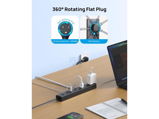 Surge Protector Power Strip with 360° Rotating Flat Plug, 5 Widely Spaced Outlets with 2 USB C and 2 USB A, 1440J Surge Protector, Wall Mountable,...