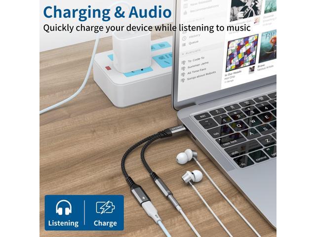 USB C to 3.5mm Headphone and Charger Adapter, 2-in-1 Type C to Aux Jack Cable with PD 60W Fast Charging