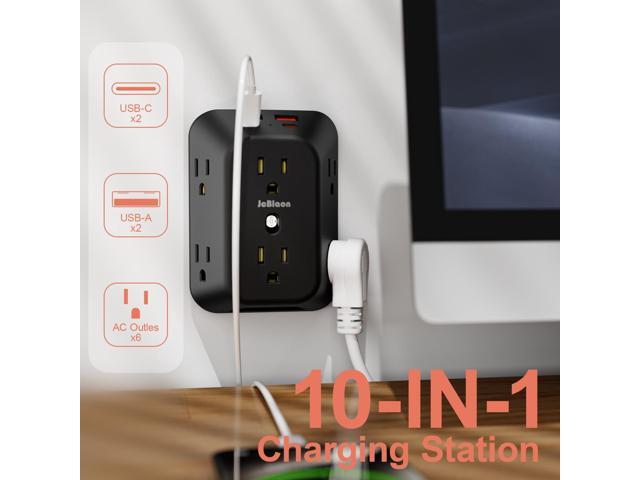 Wall Charger Electrical Outlet Extender, Surge Protector, 6 Outlet Splitter with 4 USB Outlet (2USB A, 2USB C) 4-Sided 1050J Power Strip Multi Plug...