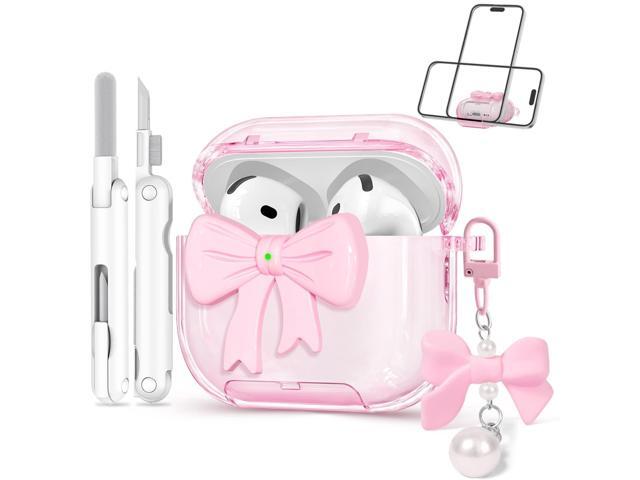 Case Pink 2024 with Safety Lock & Phone Stand, 3D Bow Clear Cases with Cute Keychain & Cleaning Kit, Soft TPU Cover for 4th Generation Case Girls...