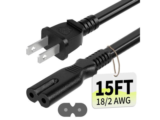 2 Prong AC Power Cord 15Ft Black, Universal Power Cable Replacement for Gaming Consoles, TV, Printer - ETL Listed