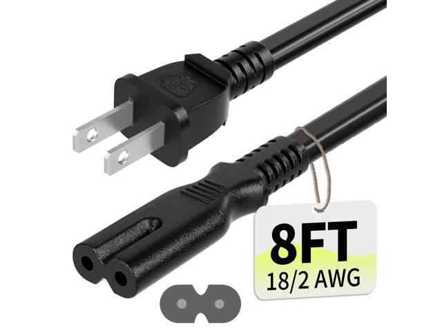 2 Prong AC Power Cord 8Ft Black, Universal Power Cable Replacement for Gaming Consoles, TV, Printer-ETL Listed