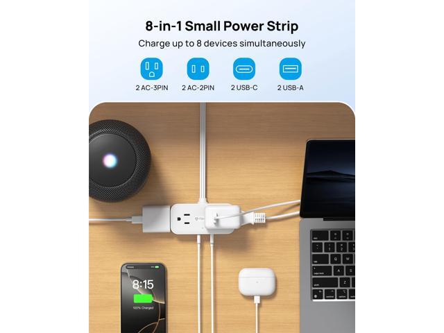 Flat Plug Power Strip 3FT, Small Flat Extension Cord with Multiple Outlets, 4 AC and 4 USB Ports (2 USB C), Wall Mount 900J Surge Protector for...