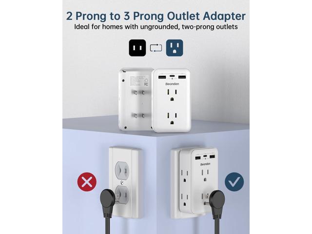 2 to 3 Prong Outlet Adapter, Outlet Extender with 3 USB Ports(1 USB-C) and 6 AC Outlets, 3-Sided Power Strip for Non-Grounded Outlets in Old...
