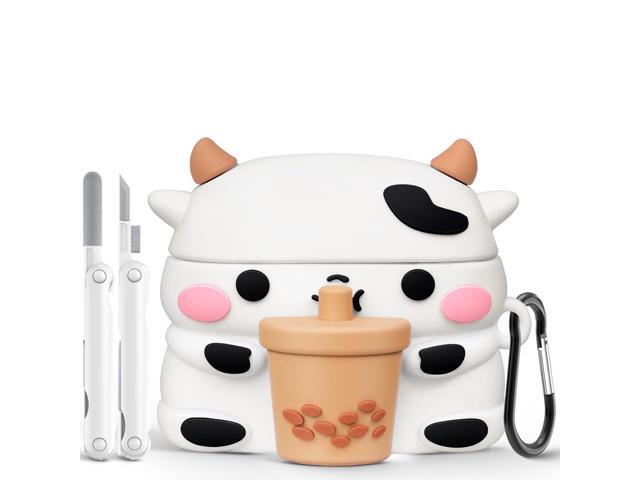 Cute Case for AirPods Pro 3 Case(2025) with Cleaner Kit, Funny 3D Cartoon Animal Case, Silicone Kawaii Boba Tea Cow Cover with Keychain for Women...