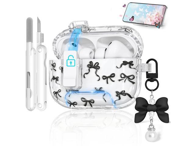 Case with Secure Lock & Phone Stand, Bow-Print Clear Case Cover with Cleaner Keychain for Women Girly (Black)
