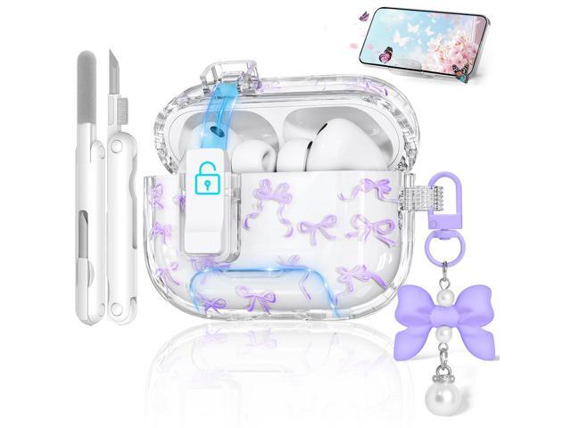 Clear Case with Secure Lock & Phone Stand, Bow-Print for 3rd Generation Cover with Cleaner Keychain for Women Girly (Purple)