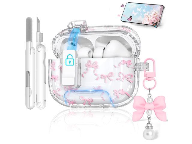 Cute Case with Safety Lock & Phone Stand, Auto-Open Lid, Bow-Print Clear Case for 3rd Generation 2025 Cover with Cleaner Keychain for Women Girly,...