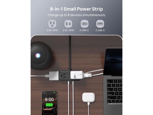 Flat Plug Power Strip 3FT, Small Flat Extension Cord with Multiple Outlets, 4 AC and 4 USB Ports (2 USB C), Wall Mount 900J Surge Protector for...
