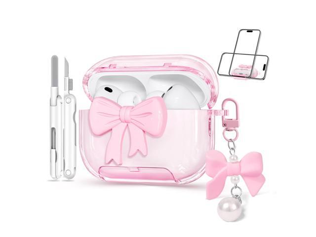 Case Pink 2025 with Safety Lock & Phone Stand, 3D Bow Clear Cases with Cute Keychain & Cleaning Kit, Soft TPU Cover for 3rd Generation Case Girls...