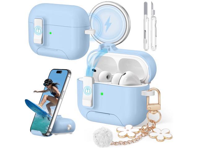 Case for 3rd Generation with Cute Keychain, Secure Lock Case Cover with Phone Stand & Cleaning Kit for Women Girls, Compatible with MagSafe, Sky Blue