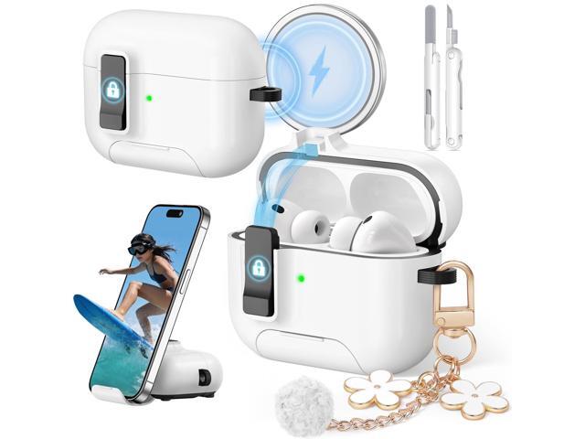 Case for 3rd Generation AirPods Pro with Cute Keychain, Secure Lock Case Cover with Phone Stand & Cleaning Kit, Compatible with MagSafe, White